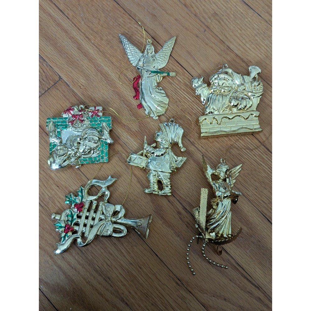 Vintage Gold Tone Christmas Ornament Lot Angels Santa Holiday Decor Retro Orname
